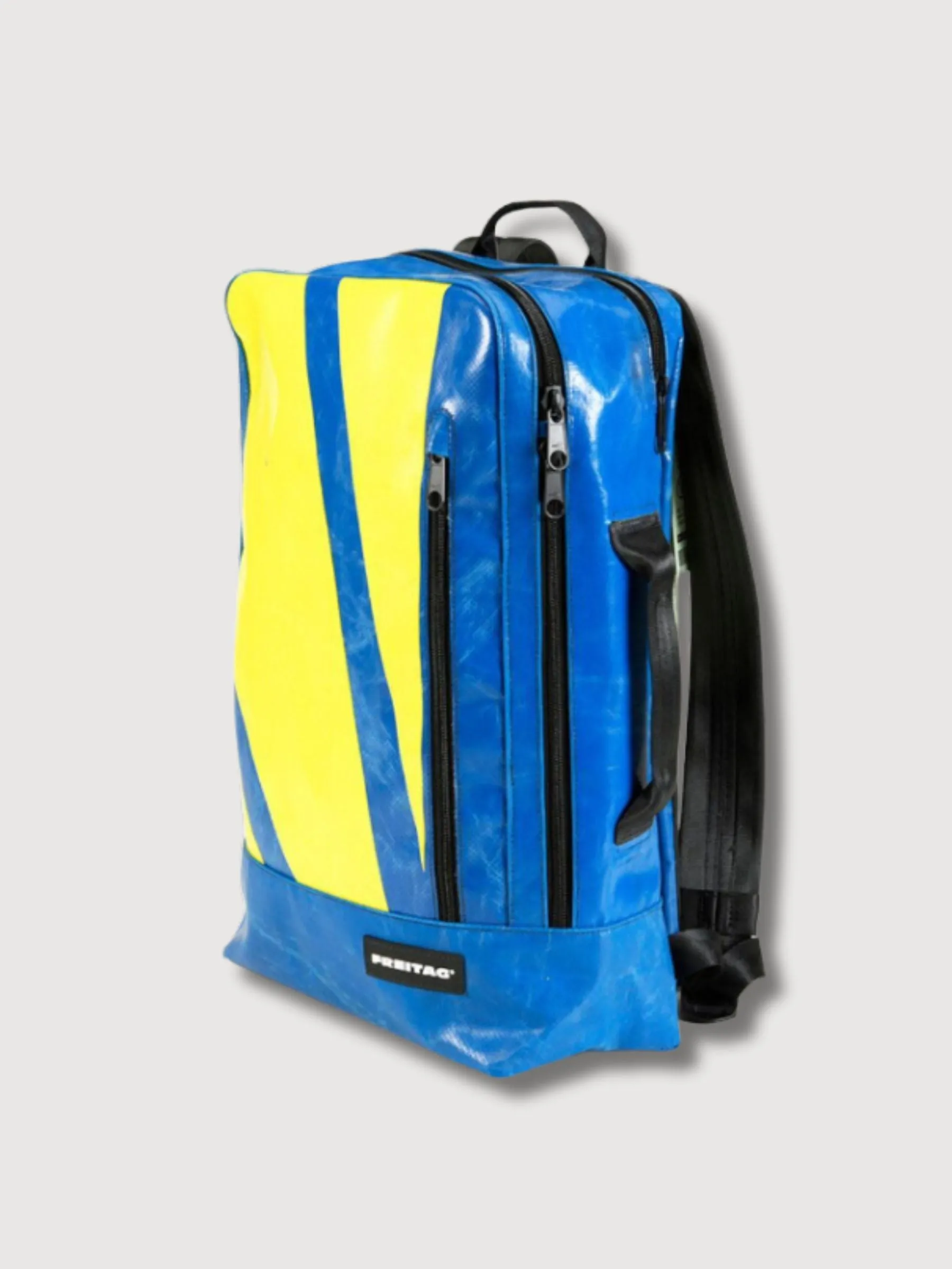 Backpack F306 HazzardBlue & Yellow-Stipes In Used Truck Tarps | Freitag