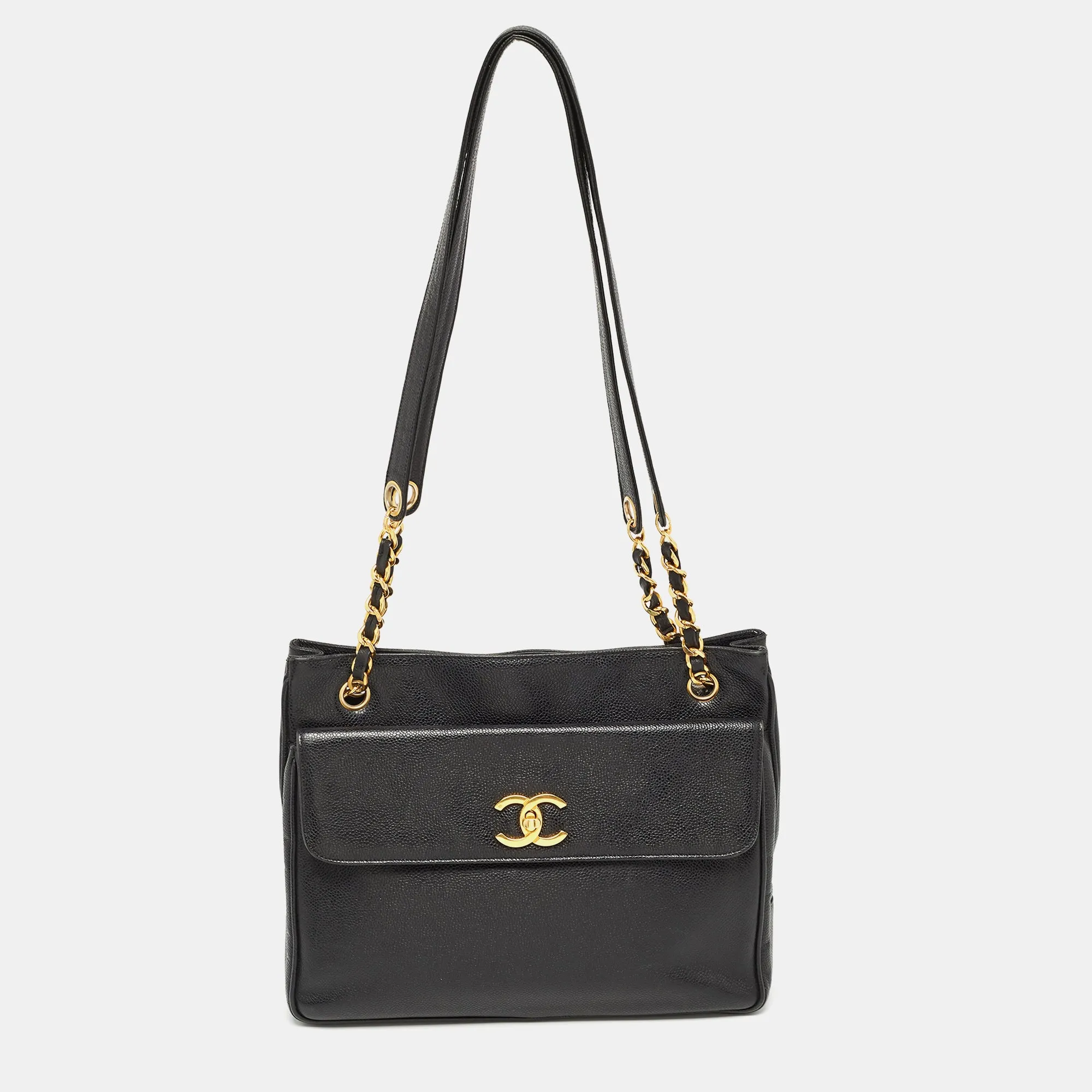 Black Caviar Leather Classic Pocket Shoulder Bag