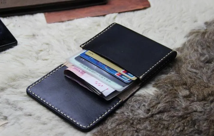 Black Leather Mens Slim Front Pocket Bifold Small Wallets Card Wallet for Men