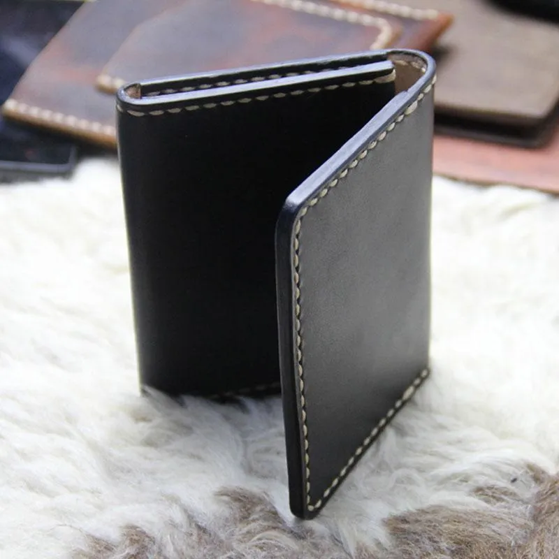 Black Leather Mens Slim Front Pocket Bifold Small Wallets Card Wallet for Men