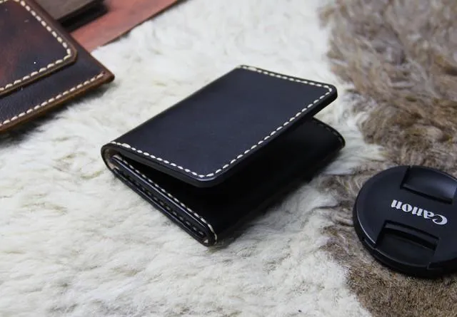 Black Leather Mens Slim Front Pocket Bifold Small Wallets Card Wallet for Men