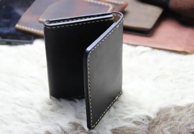 Black Leather Mens Slim Front Pocket Bifold Small Wallets Card Wallet for Men