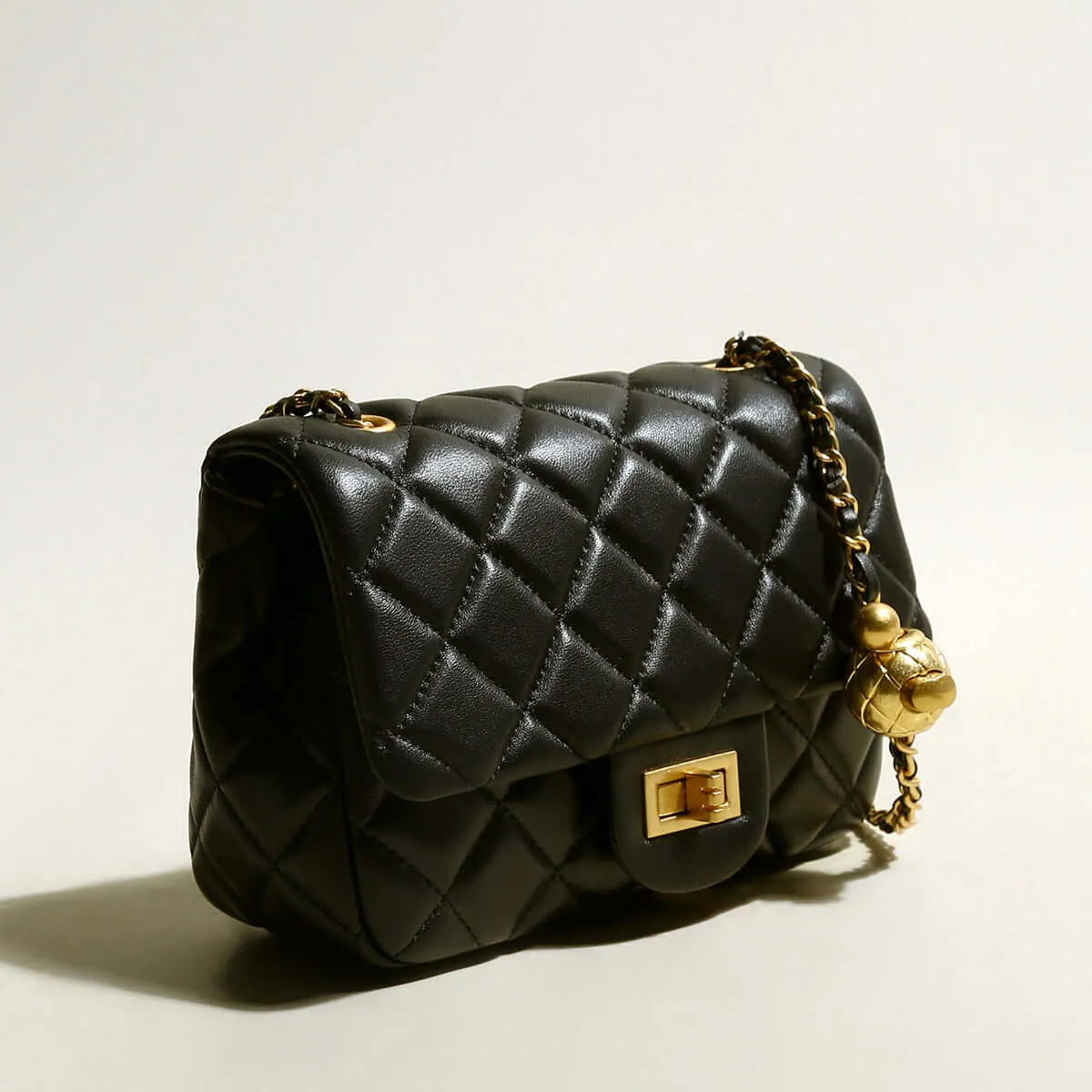 Black Quilted Bag with Golden Ball Leather Chain Straps