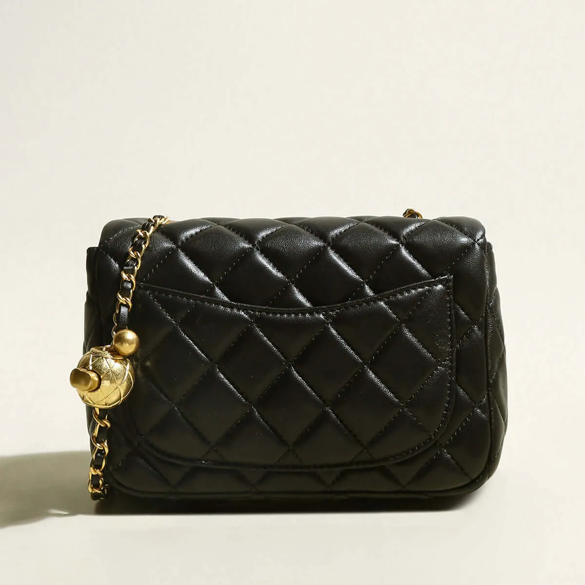 Black Quilted Bag with Golden Ball Leather Chain Straps