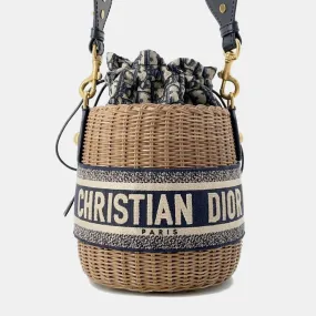 Blue Canvas and Wicker Drawstring Bucket Bag