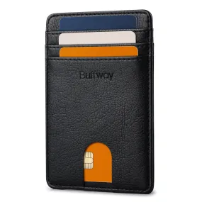 Buffway Mens Slim Wallet, Minimalist Thin Front Pocket Leather Credit Card Holder with RFID Blocking for Work Travel - Galactic Crack Black