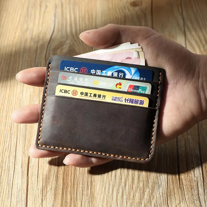 Coffee Leather Mens Front Pocket Wallet Personalized Handmade Slim Card Wallets for Men