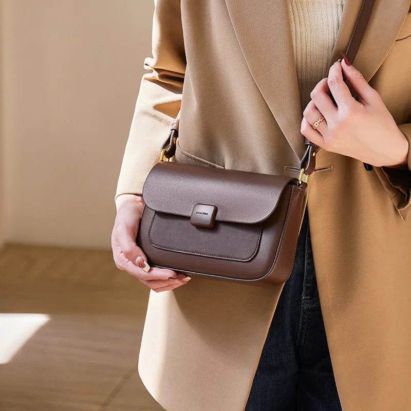 Compact Coffee Leather Box Shoulder Bag