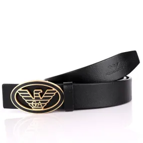 Giorgio Armani Golden Eagle In Oval Logo Genuine  Leather Black Belt