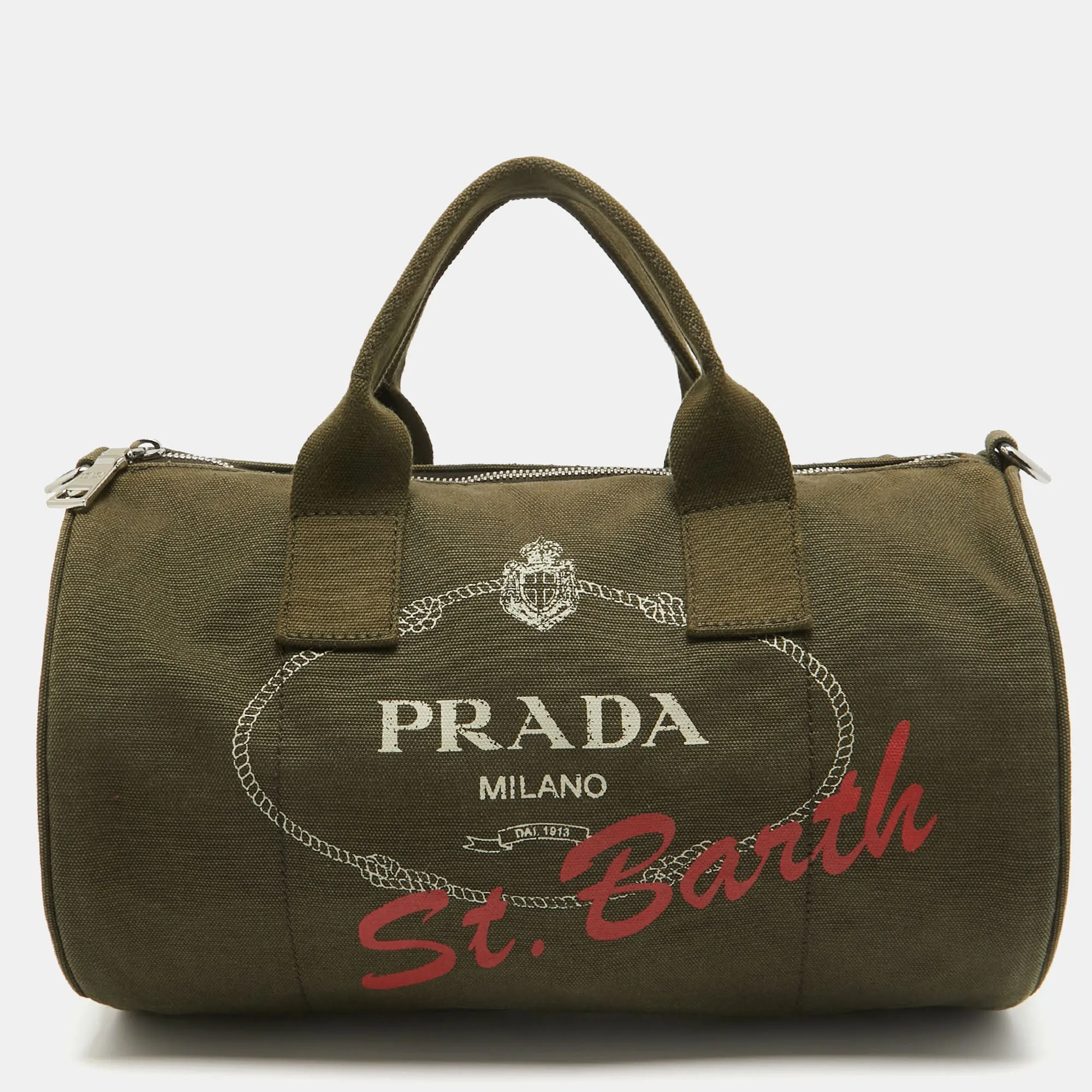 Green Logo Jacquard Canvas Boston Bag