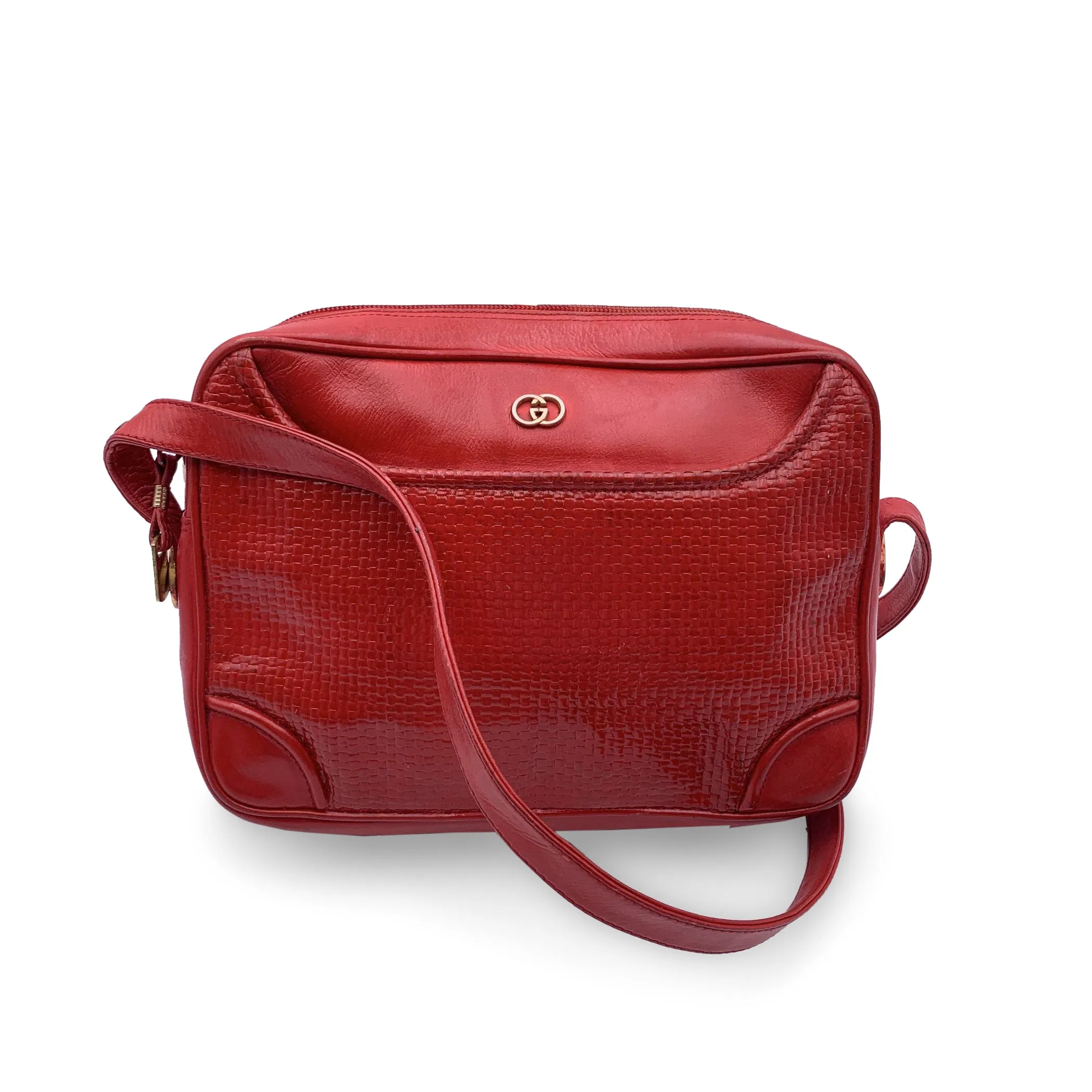 Gucci Vintage Red Textured Leather Shoulder Messenger Bag