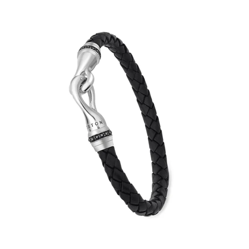 Hoxton London Sterling Silver Leather Black Sapphires Bracelet