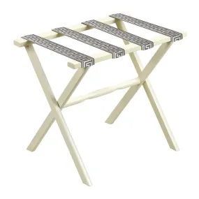 Ivory Straight Leg Wood Luggage Rack Pewter & Taupe Greek Key Straps