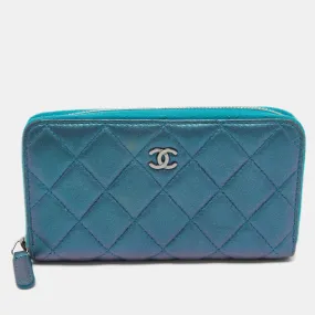 Metallic Blue Quilted Leather Classic Zip Wallet