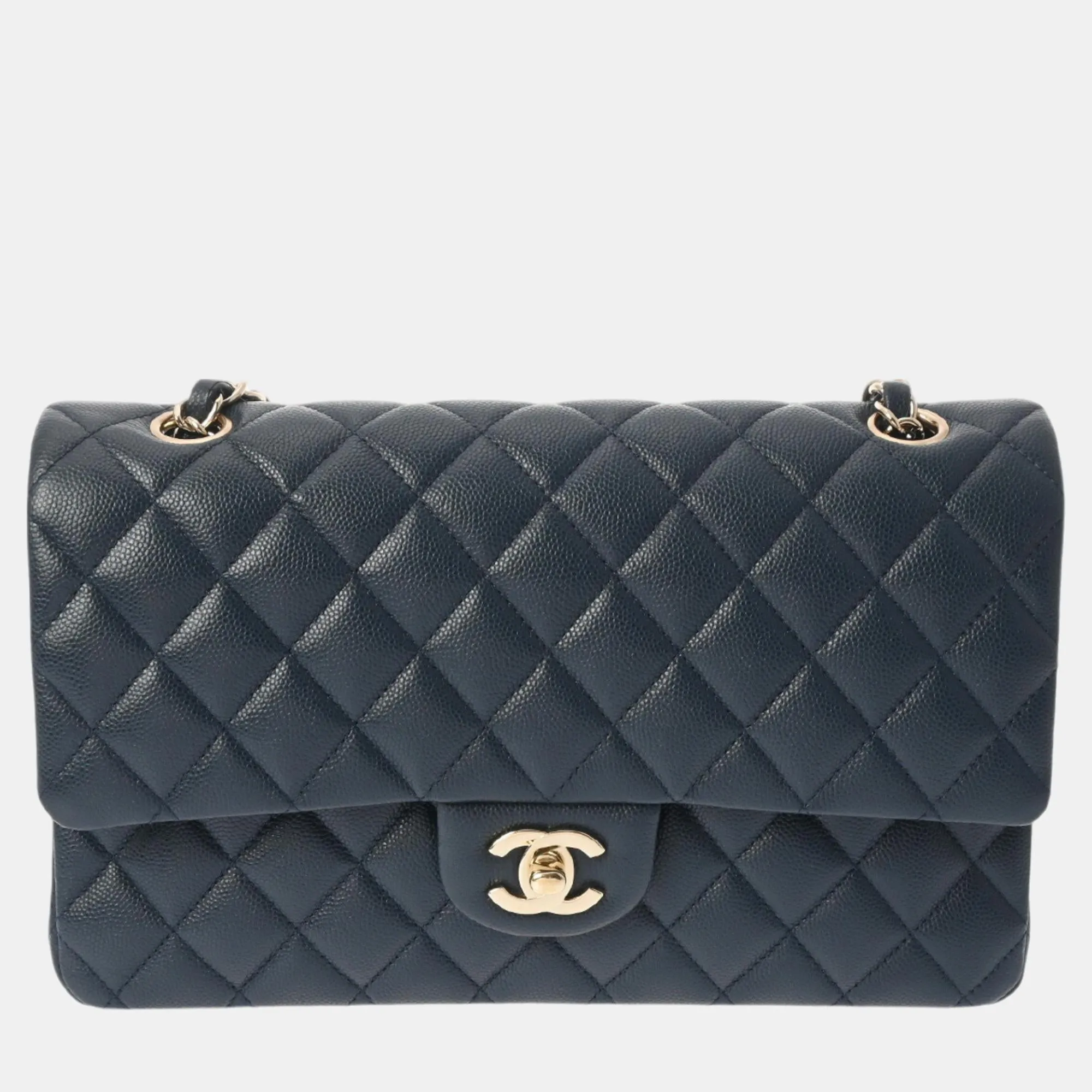 Navy Caviar Skin Matelasse Chain Shoulder Double Flap 25cm Bag