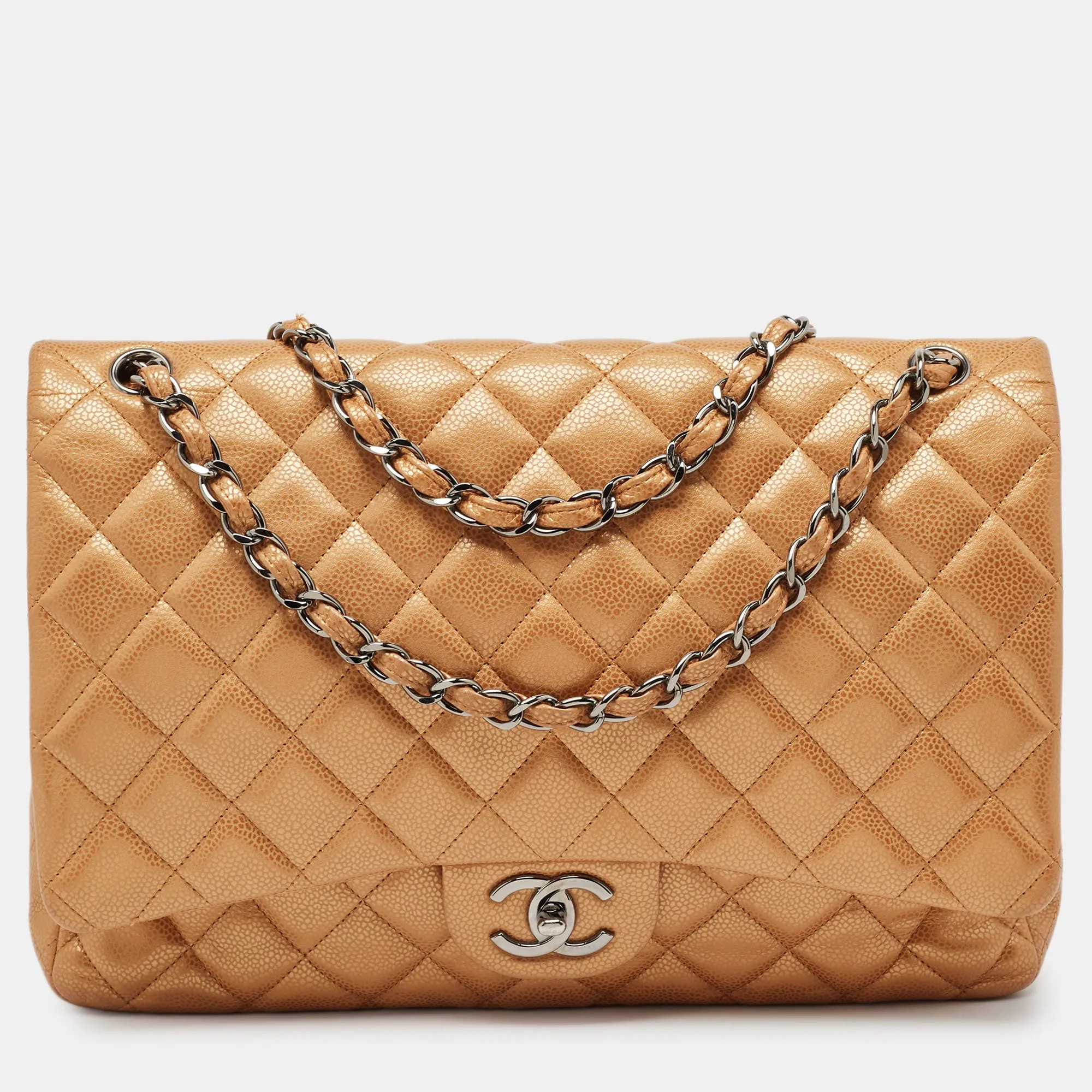 Orange Quilted Caviar Leather Maxi Classic Double Flap Bag