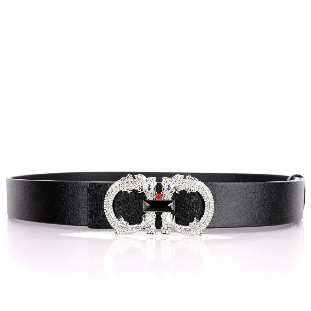 Salvatore Ferragamo Black Crystal Silver Dragon Designed Men's Leather Black Belt