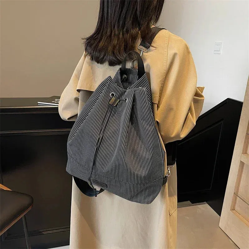 Sohiwoo New Student Leisure Backpack for Women 2025 High Quality Trend Korean Striped Bag Versatile Large Capacity Canvas School Bags