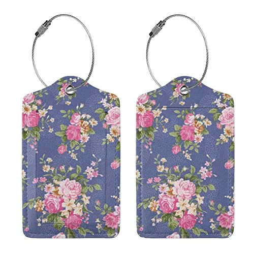 Vintage Blue Wallpaper & Blue Roses Leather Suitcase Luggage Tags, 2 Pack