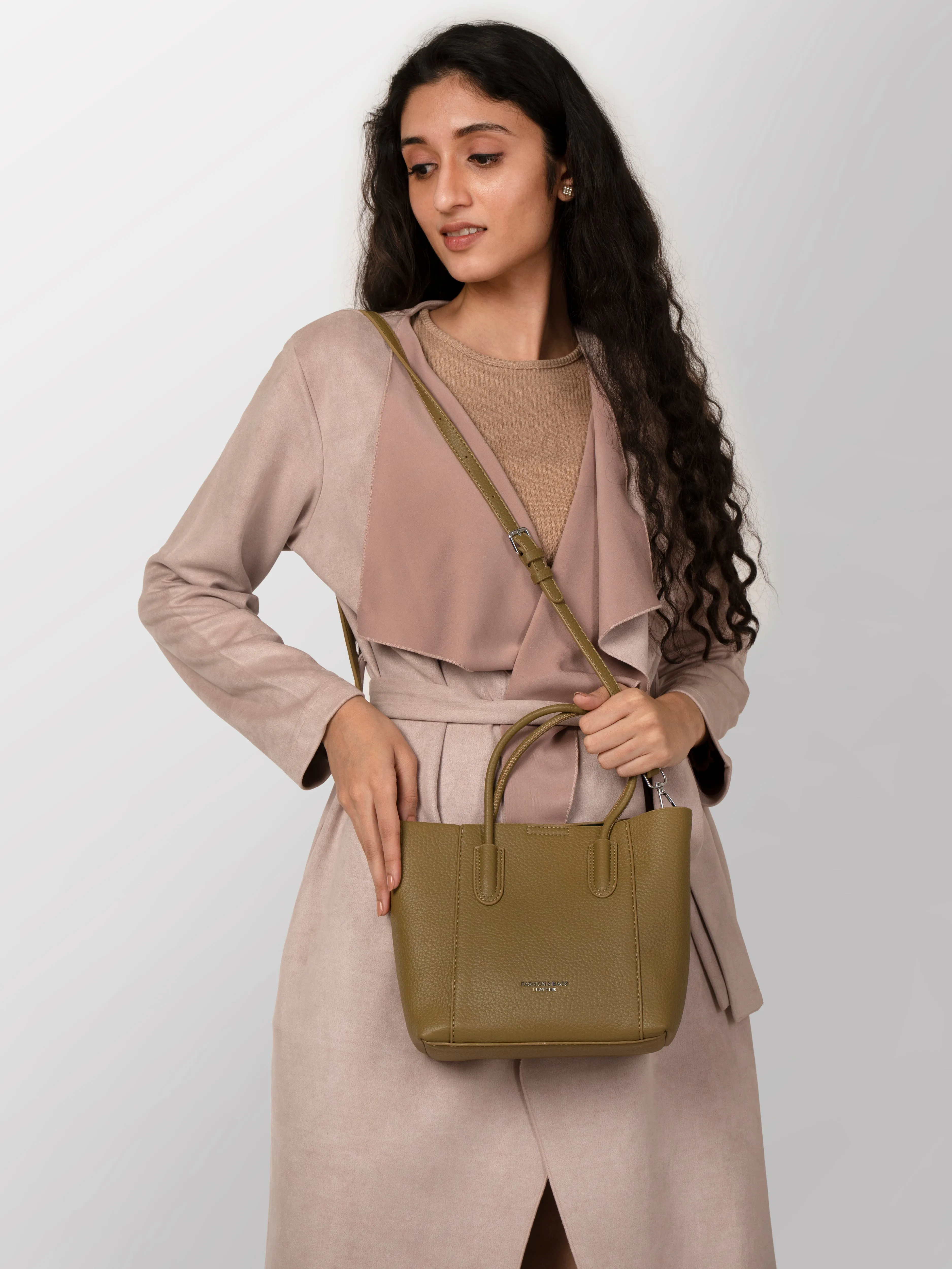 Women textured olive green shoulder cum hand bag